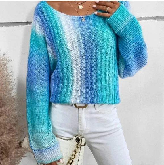 Mint Blue Preppy Womens Ombre Batwing Sleeve Sweater - Picture 2 of 5